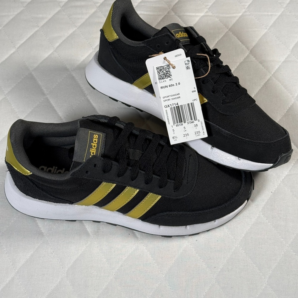 Adidas Run 60s 2.0 Women's Sneakers Black/Gold GX1714 Size 6.5 NWT w/ Box